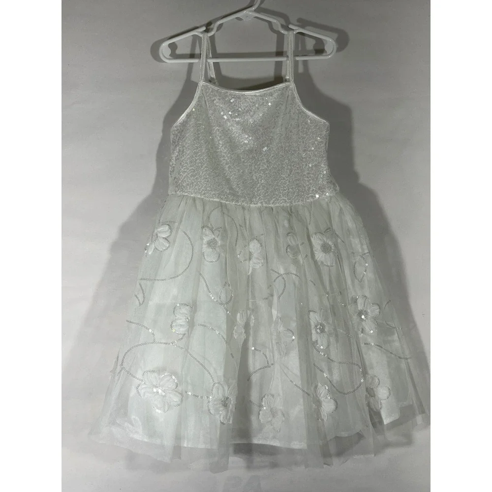 Zenzi Sequin Floral Tulle Party Dress Girls S 6/7 White  Easter Formal Fairycore